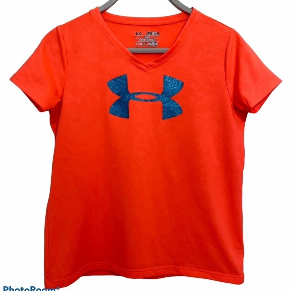Under Armour Girls V Neck T-Shirt Big Logo glitter